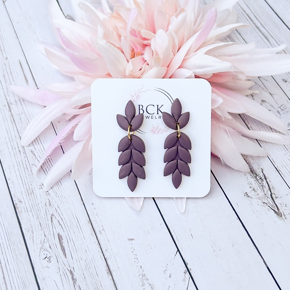 Plum Purple Polymer Clay Leaf Earrings, prairie girl earrings, handmade,